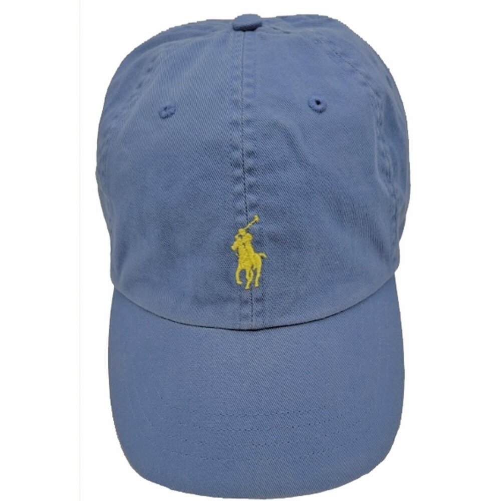 NEW Vintage Polo Ralph Lauren Baseball Hat Blue Yellow Polo Player Leather Strap